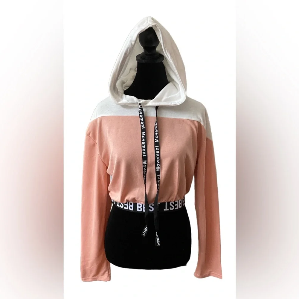 SweatyRocks: Cropped Pink and White Athletic Pullover Hoodie Sweatshirt